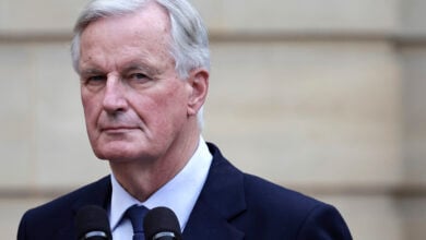 New French prime minister Michel Barnier looks on right during the handover ceremony, Thursday, Sept. 5, 2024 in Paris. President Emmanuel Macron has named EU's Brexit negotiator Michel Barnier as France's new prime minister after more than 50 days of caretaker government. (Stephane de Sakutin/Pool Photo via AP).