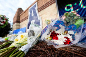 A memorial is seen at Apalachee High School after the Wednesday school shooting, Saturday, Sept. 7, 2024, in Winder, Ga. (AP Photo/Mike Stewart).