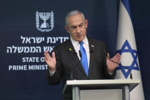 Israeli Prime Minister Benjamin Netanyahu gestures during a press conference at the Government Press office in Jerusalem, Wednesday, Sept. 4, 2024. (Abir Sultan/Pool via AP).