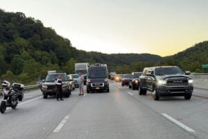 This image released by the Mount Vernon Fire Department shows traffic stopped during an active shooting on Interstate 75 north of London, Ky., Saturday, Sept. 7, 2024. (Camden Mink/Mount Vernon Fire Department via AP).