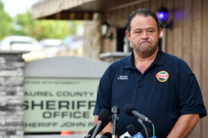 London, Ky. Mayor Randall Weddle makes comments to the media regarding the shooting that happened near his town along I-75 in London, Ky., Sunday, Sept. 8, 2024. (AP Photo/Timothy D. Easley).