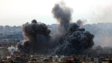 An Israeli air strike hits a residential area that is a Hezbollah stronghold, in the southern suburbs of Beirut, Lebanon, on July 15, 2006. (AP Photo/Hussein Malla, File).