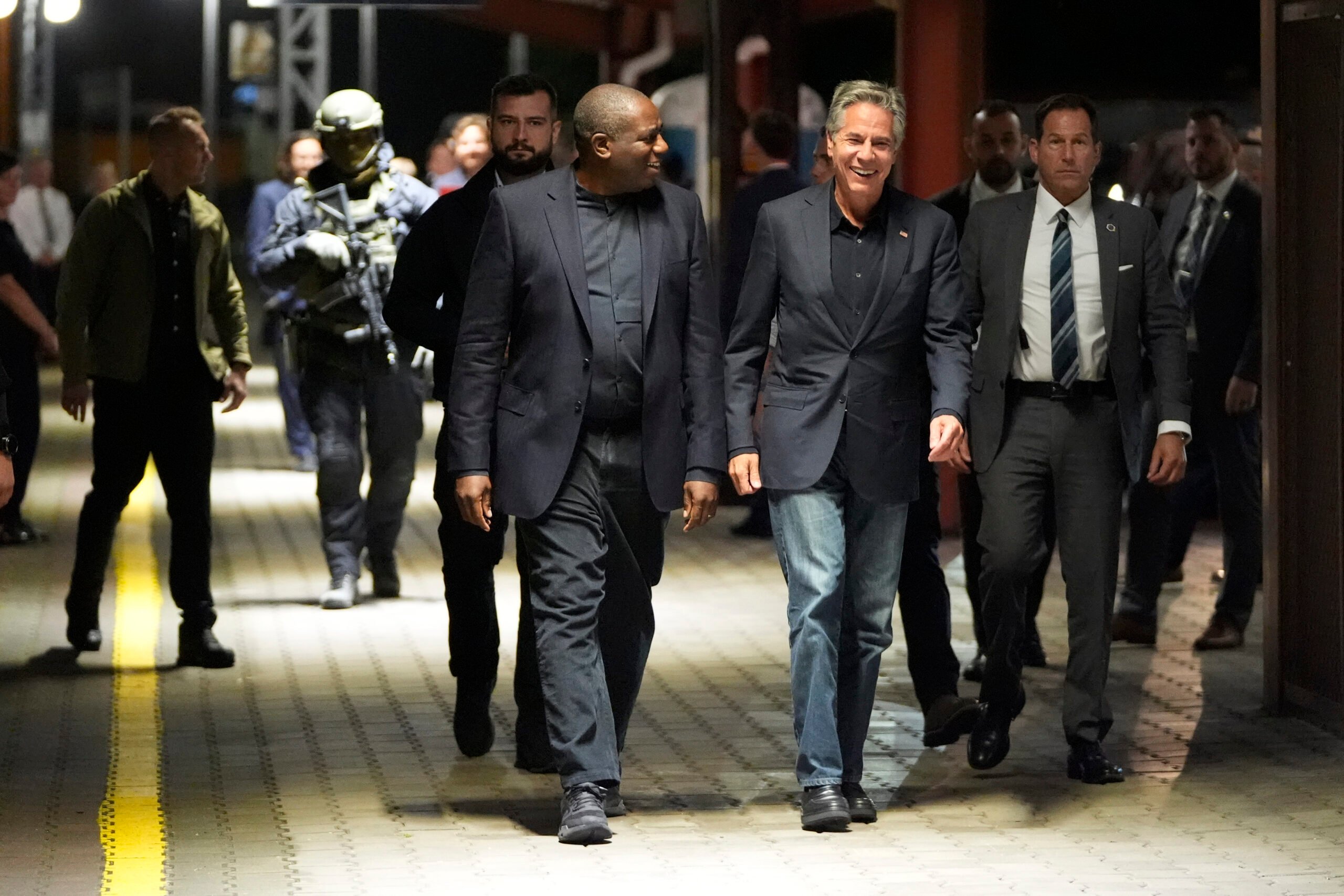 U.S. Secretary of State Antony Blinken, right and British Foreign Secretary David Lammy, arrive at Przemysl train station, in Poland, Wednesday, Sept. 11, 2024. (AP Photo/Mark Schiefelbein, Pool).