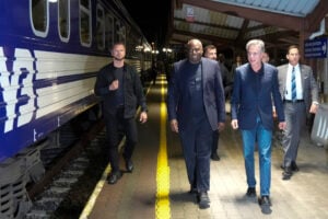 U.S. Secretary of State Antony Blinken, right and British Foreign Secretary David Lammy, walk along a platform to board a train at Przemysl railway station, in Poland, Wednesday, Sept. 11, 2024. (AP Photo/Mark Schiefelbein, Pool).