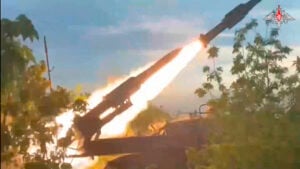 In this photo taken from video released by the Russian Defense Ministry on Sunday, Aug. 25, 2024, a Russian Army Buk-2M self-propelled, medium-range surface-to-air missile system fires at air targets in an undisclosed location in Ukraine. (Russian Defense Ministry Press Service via AP).