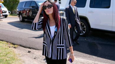 Laura Loomer arrives with Republican presidential nominee former President Donald Trump for a visit to the Shanksville Volunteer Fire Company in Shanksville, Pa., Wednesday, Sept. 11, 2024. (AP Photo/Matt Rourke).