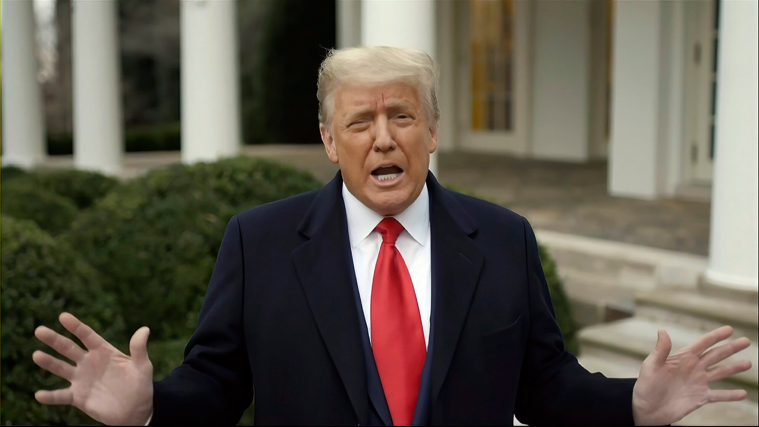 This exhibit from video released by the House Select Committee, shows President Donald Trump recording a video statement on the afternoon of Jan. 6, 2021, from the Rose Garden, displayed at a hearing by the House select committee investigating the Jan. 6 attack on the U.S. Capitol. (House Select Committee via AP, File).