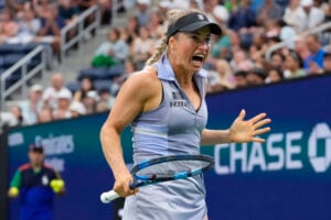 Yulia Putintseva, of Kazakhstan, reacts during a match against Jasmine Paolini, of Italy, during the third round of the U.S. Open tennis championships, Saturday, Aug. 31, 2024, in New York. (AP Photo/Kirsty Wigglesworth).