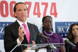 Houston lawyer Tony Buzbee holds a news conference at his office announcing that he's representing 120 accusers who have come forward with sexual misconduct allegations against Sean “Diddy” Combs, the hip-hop mogul who is awaiting trial on sex trafficking charges, Tuesday, Oct. 1, 2024, in Houston. (Elizabeth Conley/Houston Chronicle via AP).