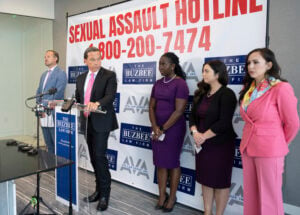 Houston lawyer Tony Buzbee, second from left, holds a news conference at his office announcing that he's representing 120 accusers who have come forward with sexual misconduct allegations against Sean “Diddy” Combs, the hip-hop mogul who is awaiting trial on sex trafficking charges, Tuesday, Oct. 1, 2024, in Houston. (Elizabeth Conley/Houston Chronicle via AP).