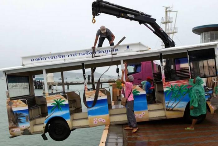 Heavy winds send bus teetering off pier [video] | Thaiger