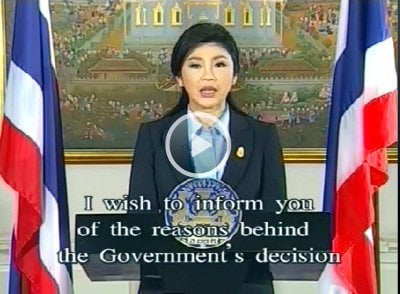 PM Yingluck addresses nation ahead of fears of violence at Bangkok protest