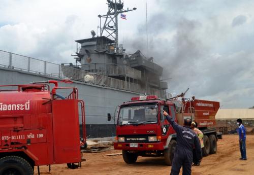 Decommissioned warship bursts into flames – again