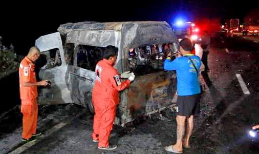 Relatives claim bodies of Myanmar workers killed in van fire