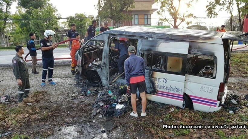 Burmese workers lucky to escape burning van after crash in Tak