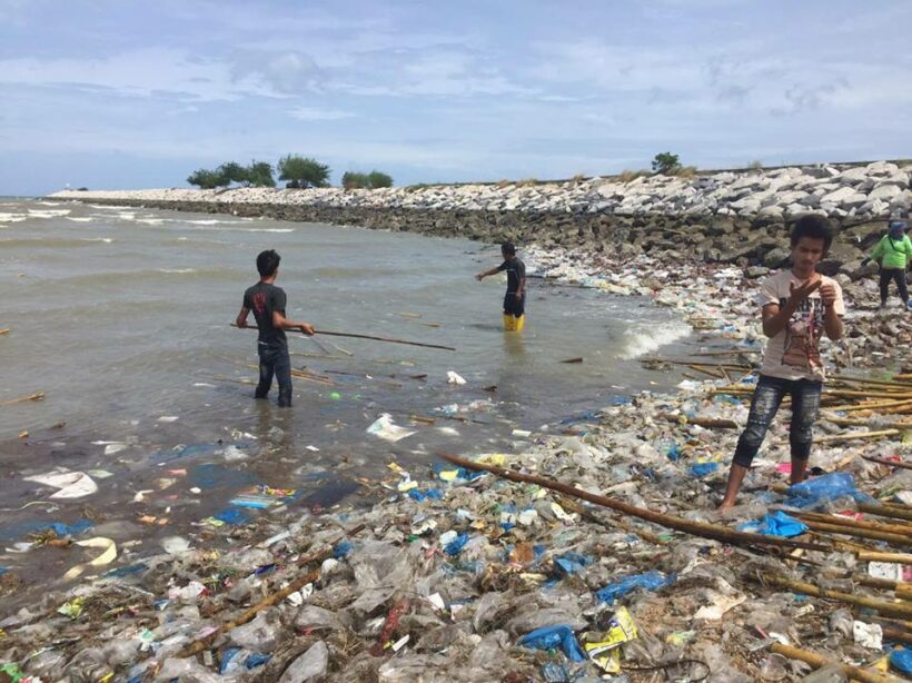 Gulf rubbish washing up on Sattahip beach, Chonburi