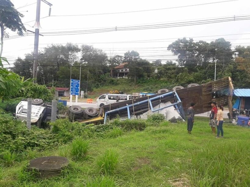 Trailer driver escapes injury in Phang Nga roll over