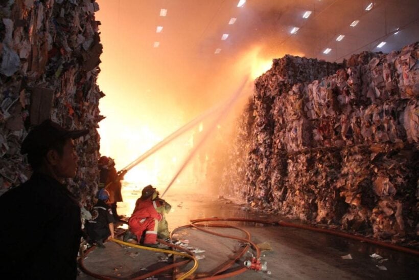 Three paper factory warehouses catch fire in Samut Prakan