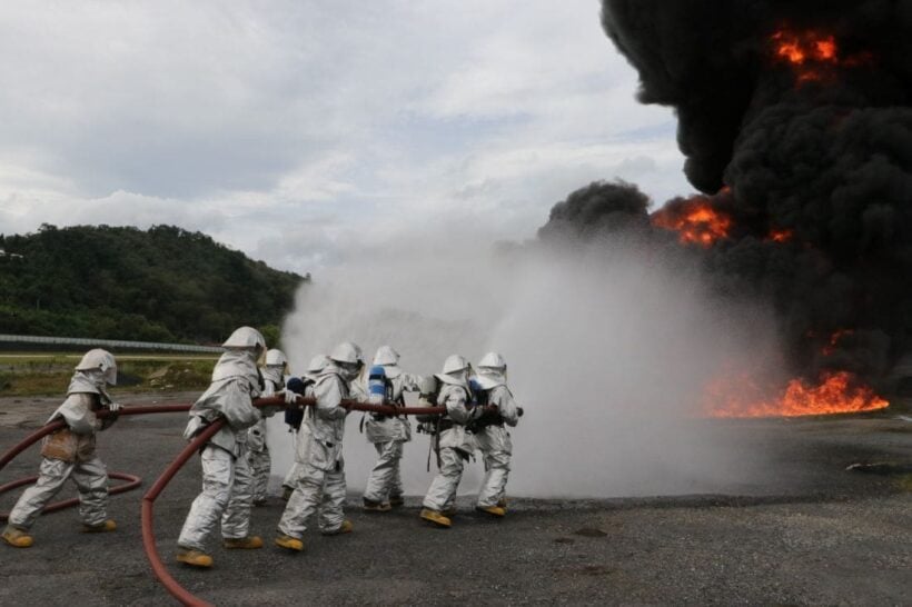 Emergency crews battle airport fire. All part of regular drills.