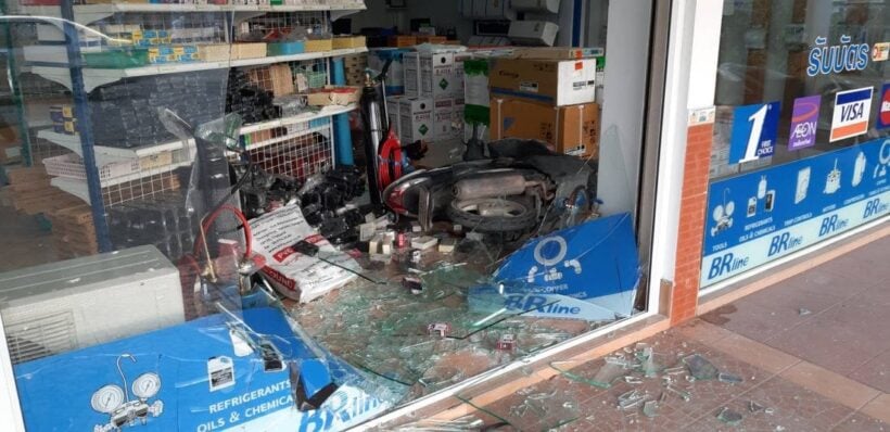 Motorbike driver smashes through glass window after accelerator malfunctions