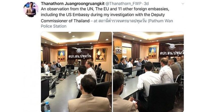 Deputy police chief denies foreign diplomats present at Thanathorn interrogation