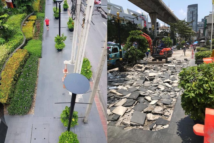 โยธาแจงทุบทิ้งฟุตปาธของเอกชน พื้นลื่น ทำใหม่ให้ตรงมาตรฐานกทม. | The Thaiger