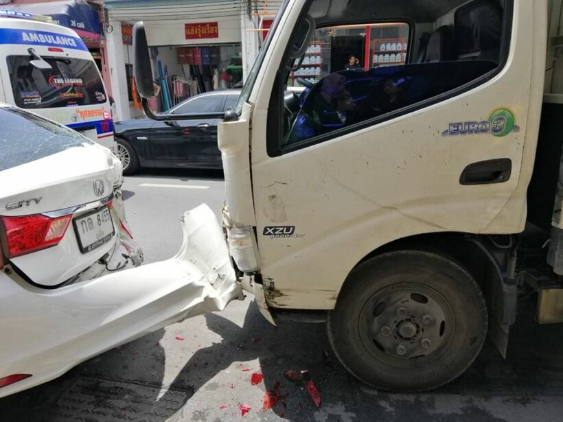 Six vehicles damaged, one person injured, as truck swipes parked cars in Phuket