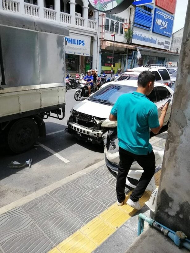 Six vehicles damaged, one person injured, as truck swipes parked cars in Phuket | News by Thaiger