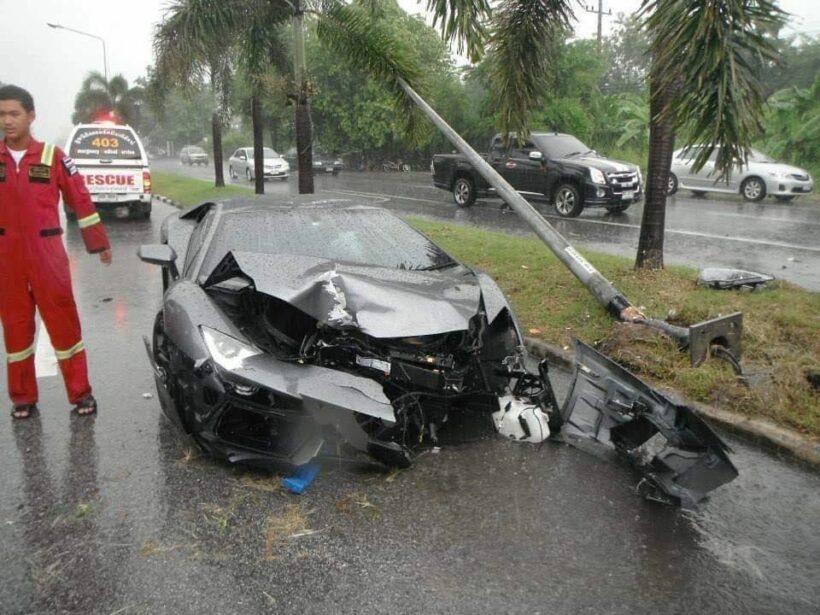 Two in Lamborghini survive after slamming into power poles in Chon Buri