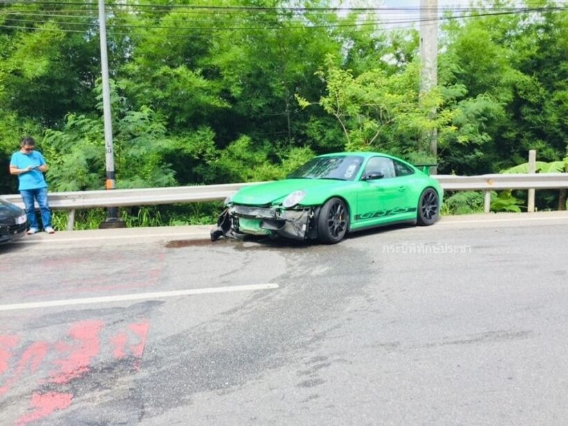 Porsche smashed up but Malaysian driver escapes injury in Krabi