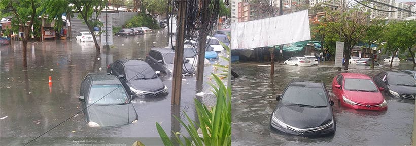 ประมวลภาพฝนถล่มกรุงเทพ น้ำท่วมรถเก๋งครึ่งคัน (โปรดระวังน้ำพุ่งจากฟุตปาธ) | The Thaiger