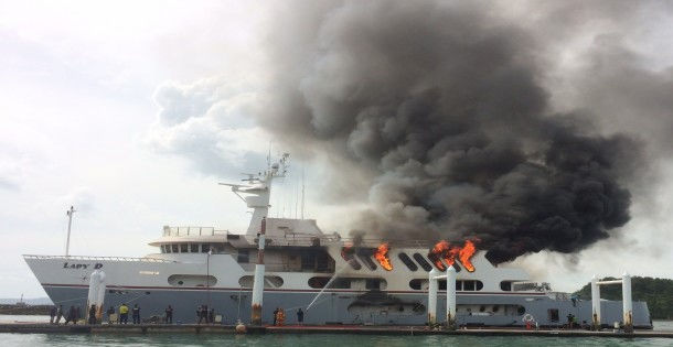 ‘Lady D’ super yacht set adrift after firefighters fail to reach the burning yacht in Phuket