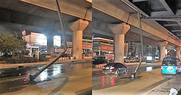 Bangkok motorcyclist lucky to be alive after water pipe falls right in his path