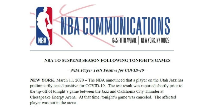 เจอเหมือนกัน ! NBA ประกาศระงับฤดูกาล หลังมีนักบาส ติดเชื้อ COVID-19 | The Thaiger