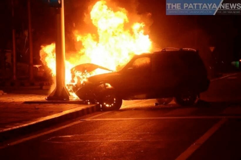 Officer survives fiery crash in Chon Buri | News by Thaiger