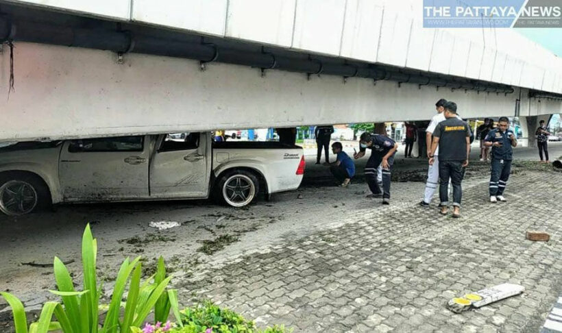 Pattaya driver blames wet weather after losing control and jamming truck under overpass – VIDEO