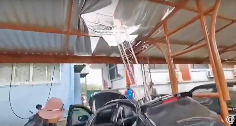 Radio tower snaps in Samut Prakan, pierces roof, hatchback – VIDEO