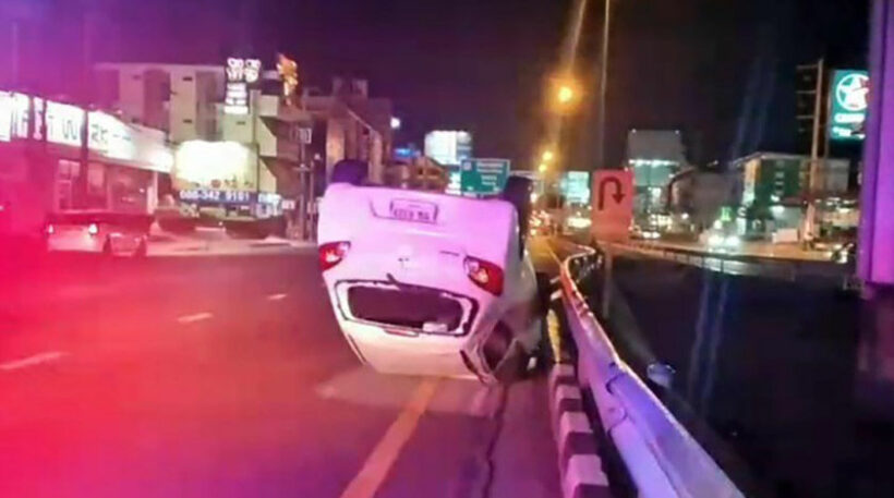 Woman and 2 children escape unharmed after car flips over in Pattaya