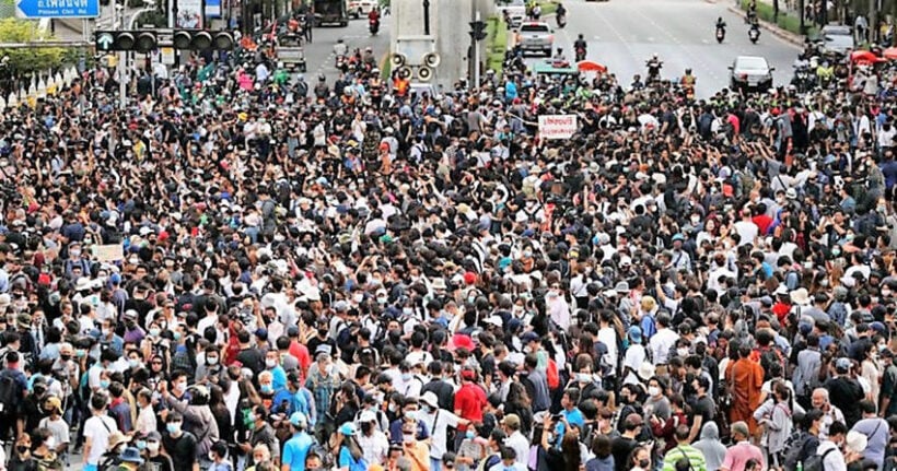 Student protesters gathering today under Bangkok skytrain