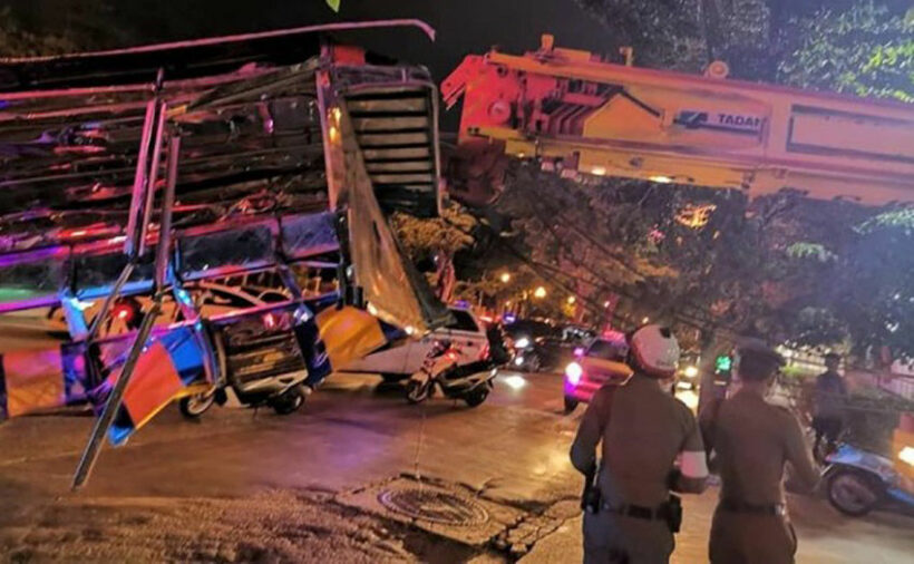 Crane rips roof off truck transporting migrant workers in Bangkok, injuring 9