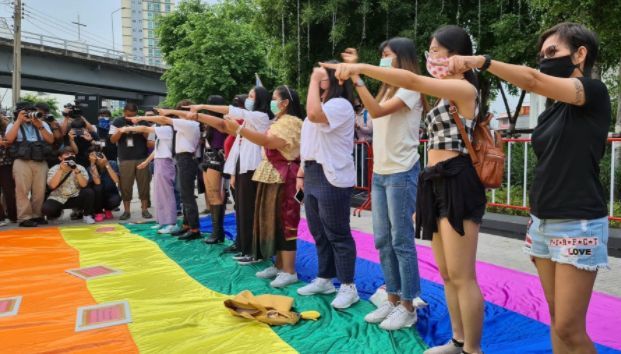 Women’s rights activists gather at pro-democracy rallies to raise awareness about sexual harassment