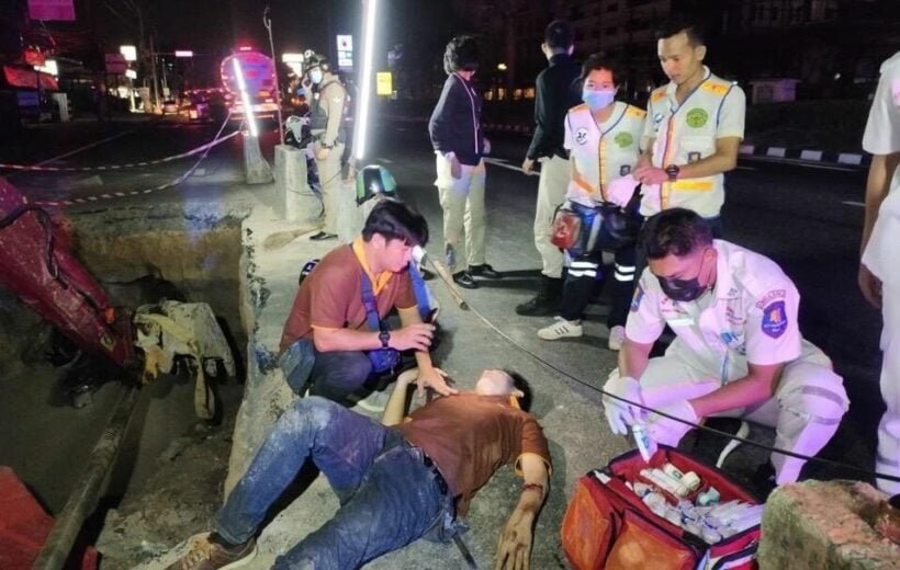 Pattaya bike rider injured after plunging into large construction hole in road