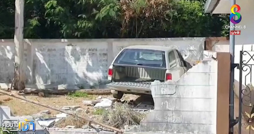 Drunk foreign woman escapes injury after crashing car into wall in Chon Buri | VIDEO