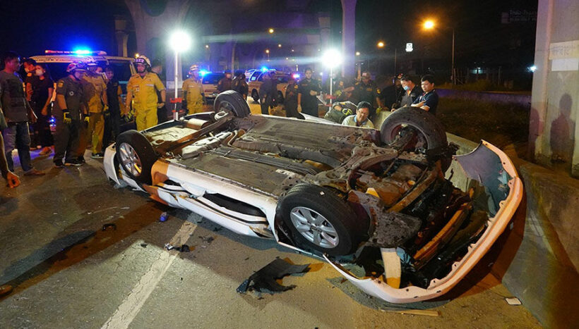 Driver killed after car hits barrier, plummets off Bang Na Expressway