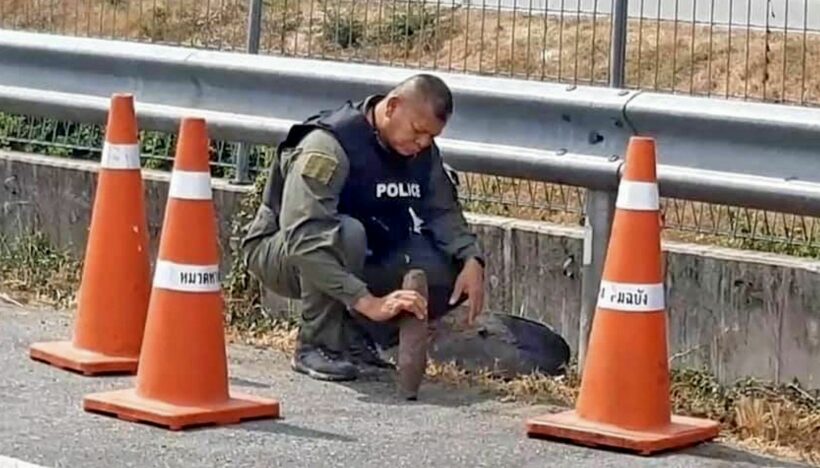 Road sweeper finds an unexploded shell on Chon Buri highway