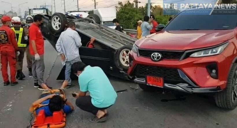 Drug use suspected as Chon Buri driver flips vehicle, damages 3 other cars