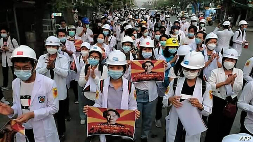 Burmese healthcare workers take to the streets to protest military coup