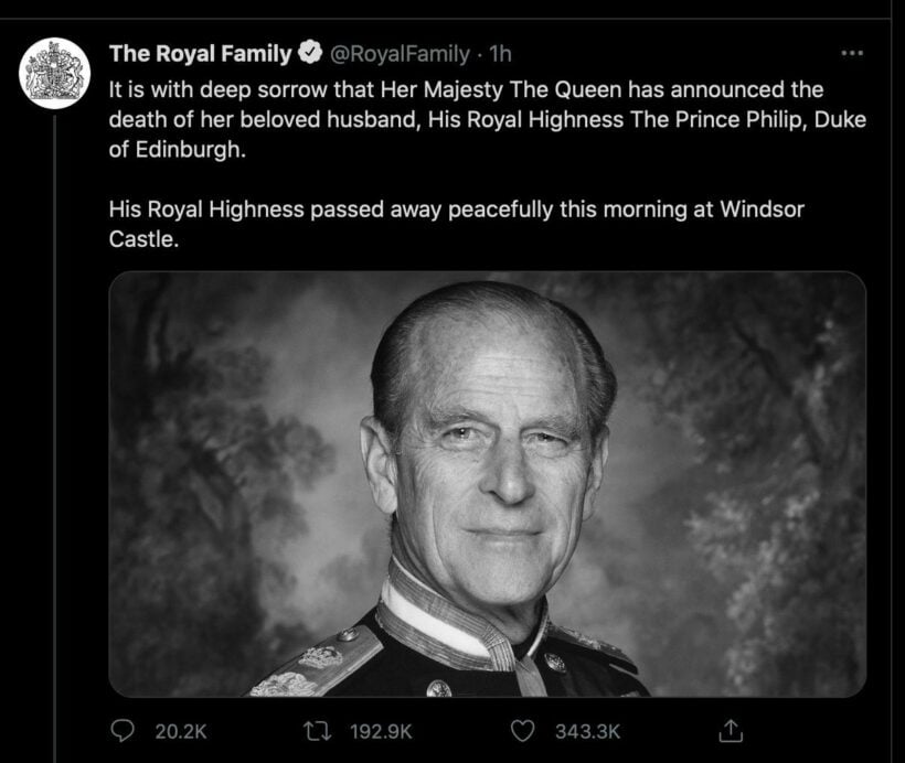 Buckingham Palace announces the death of Prince Philip | News by Thaiger