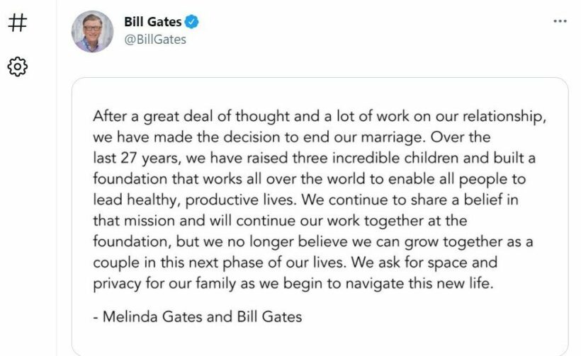 Bill and Melinda Gates to divorce after 27 years of marriage | News by Thaiger