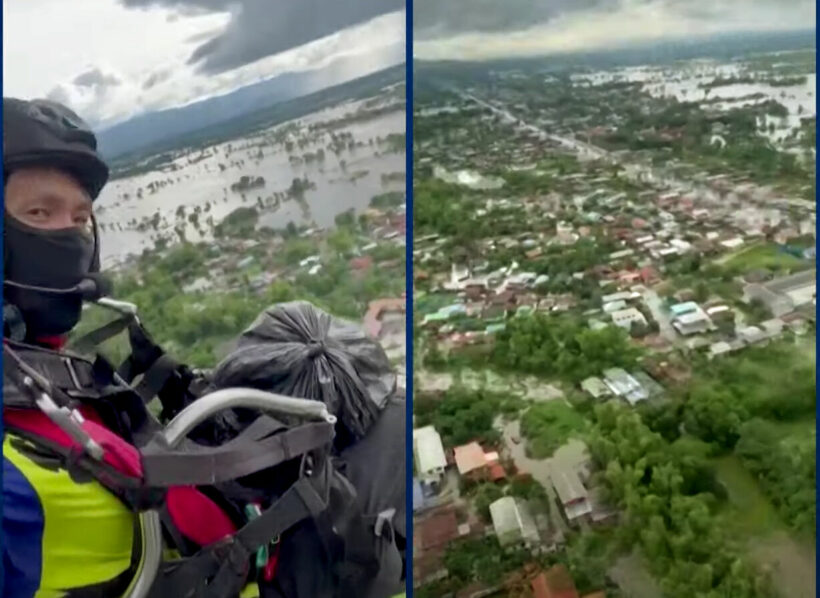 Paramotor pilot flies supplies to flooded Sukhothai residents